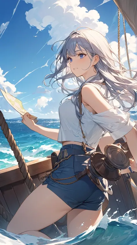 One Girl、Strong determination、Shining Eyes、Shoulder-length hair、Pirate Costume、 Hand Held Map 、 Adventurous Attitudes ,   
break,   
 Bright Ocean Light 、( Nautical Atmosphere :1.3)、Blue tint、The sound of waves、 Expectations of Adventure 、absurdres, highre...