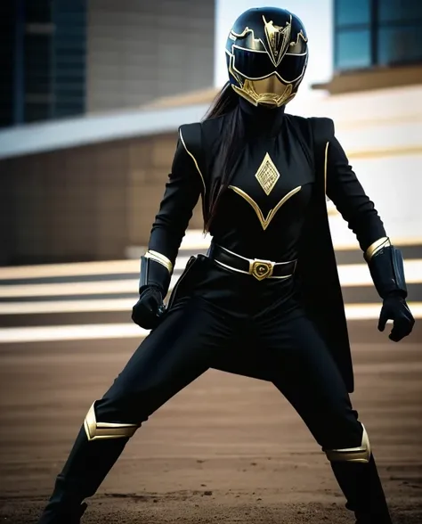 A woman black rangers, black ranger suit, as she power rangers black, full body , helmet mask, long hair, high detailed, realistic, gloves, ultra realistic, ((full face helmet)), black shield sunglasses on eyes, smart black sunglasses 