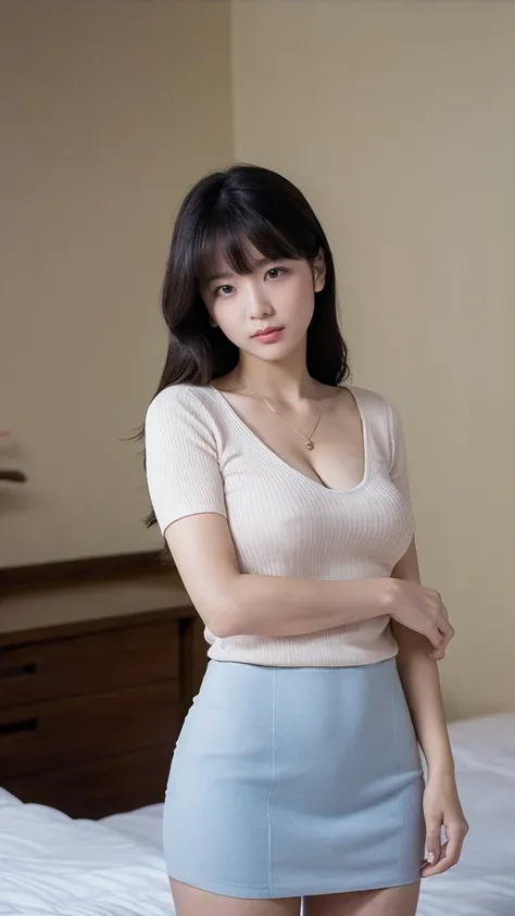 Tired,(((8k、High resolution、Best Quality、High resolution)))Alone、Natural body shape、White skin、 natural makeup、Black Hair、bangs、 Long Hair、(small breast),Looking into the camera、bedroom、(Business Style), ((teacher)), White ribbed short sleeve V-neck, Forma...