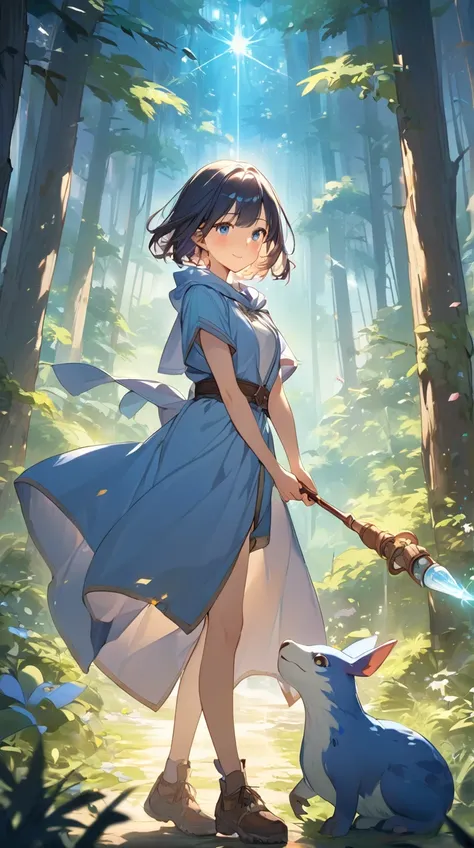 One Girl、A happy look、Shining Eyes、Short Hair、Wizard Robe、 Magic Wand in Your Hand 、Cheerful posture ,   
break,   
Bright lighting、(Magical atmosphere:1.3)、Soft colors、Fantastic shadows、The excitement of adventure 、absurdres, highres, ultra detailed, beau...