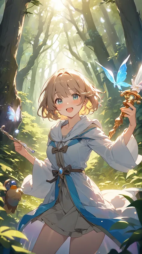 One Girl、A happy look、Shining Eyes、Short Hair、Wizard Robe、 Magic Wand in Your Hand 、Cheerful posture ,   
break,   
Bright lighting、(Magical atmosphere:1.3)、Soft colors、Fantastic shadows、The excitement of adventure 、absurdres, highres, ultra detailed, beau...