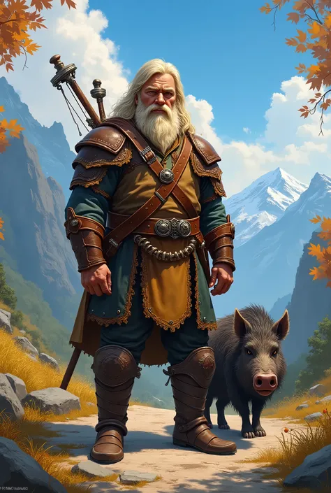 In RPG style, in style of Dungeons & Dragons, in style of fantasy painting. Full body view, looking at the viewer. image of a male dwarf ranger in leather armor, with longbow, with Boar as pet.  Blonde hair. The sky is blue with white clouds and the overal...