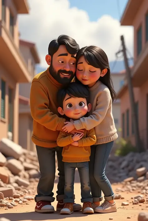 Parents with an  boy after an earthquake, Pixar style