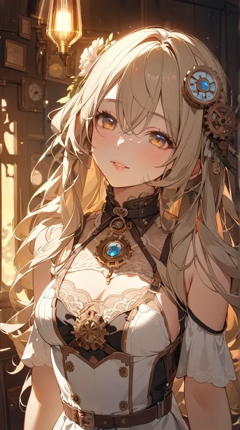 One Girl、 gentle expression 、Kind eyes、long curled hair、 Steampunk Style Dress 、 Quiet Posture 、Porcelain-like skin、Medium Breast、 Intricate Accessories 、  
break、  
Golden Hour、( rim lighting :1.2)、Warm colors、Soft Light、Peaceful atmosphere、 Artistic Flar...