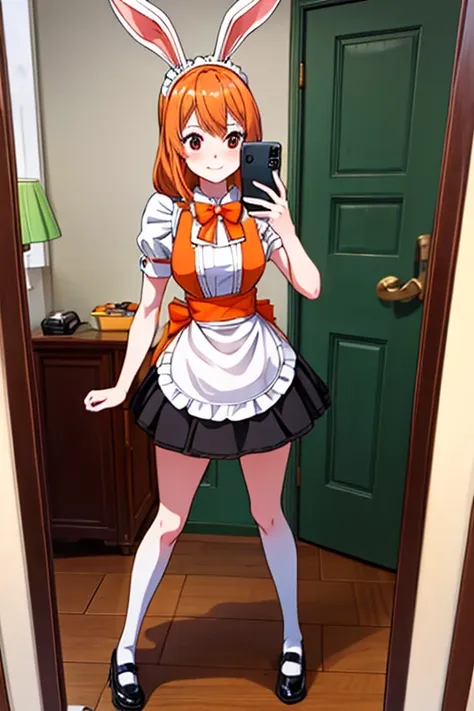 carrot looking at the camera , full body , maid outfit , camera angle : selfie.