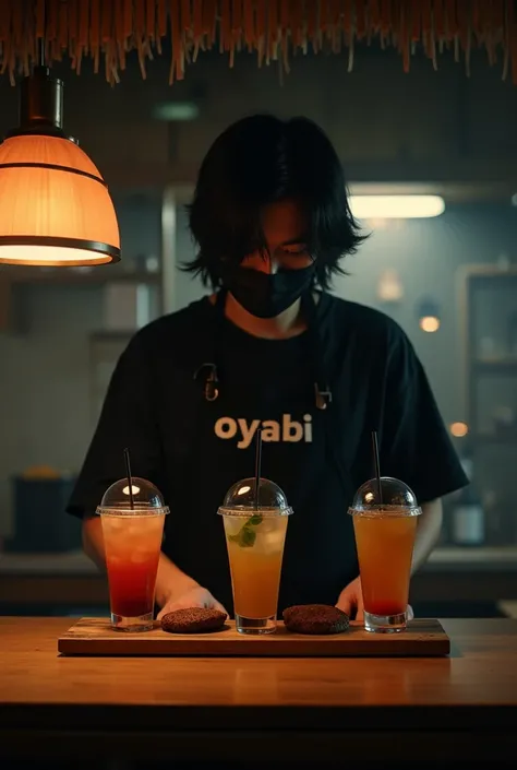 bamboo bar counter with barista pump drinks behind
teaser post


photo of asian man with face mask (hide face from camera, mystery in dark place) mullet medium length hairstyle in dark room, in apron with text "Oyabi" while Hiddenly preparing burger pattie...