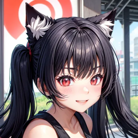 Cat ears　Red Eye　Black Hair　 twin tails (1 Cute Korean Actress), Tank tops, At a ramen shop, smile, Canon EOS, Distinct facial features,  close-up portrait , Cinematic Mode, 8k