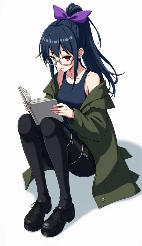 Dark blue high ponytail with purple bow、 different color eyes （Left red、Right olive green） 、wear glasses （silver frame）、whole body義肢、Dark blue Tank-Top、black trousers、Wearing a military green coat、Black leather shoes、Reading a book、anime style、whole body、 ...