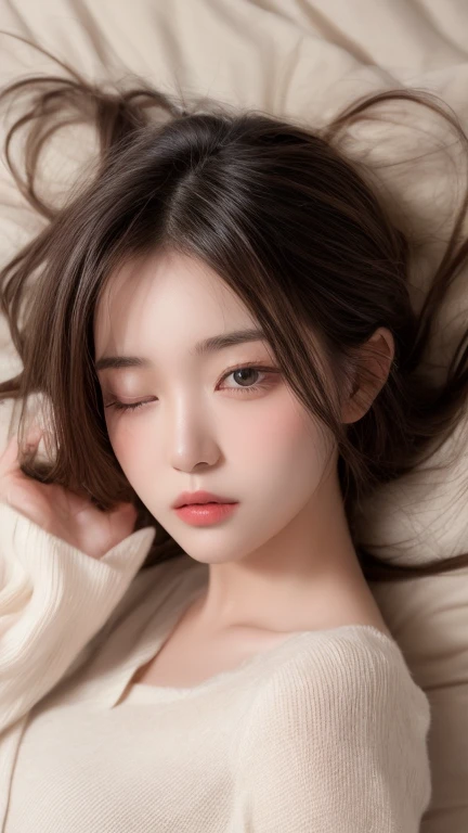 finely, High resolution, High image quality、 perfect dynamic composition, Beautiful and fine details, Medium Hair, 、Natural color lips,Kamimei、Bed Background、20-year-old girl、1 person、Clear Skin、Shiny Hair、Tabletop, 最High image quality, Super detailed, fin...