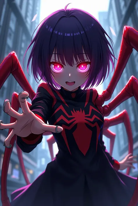 Bright red-eyed spider girl with spider legs on her back short dark purple hair fingers with small sharp claws won the anime My Hero Academia 