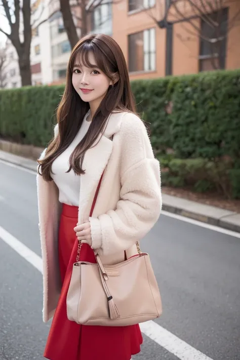 High resolution,bangs、Brown Hair、Long Hair、  Brown Eyes 、Large Breasts, Model body type、165 cm、24 years old、Beautiful Face、 natural makeup、smile、Japanese、Stylish winter clothes、Red Skirt、Black Stockings、Pink Coat、Handbags