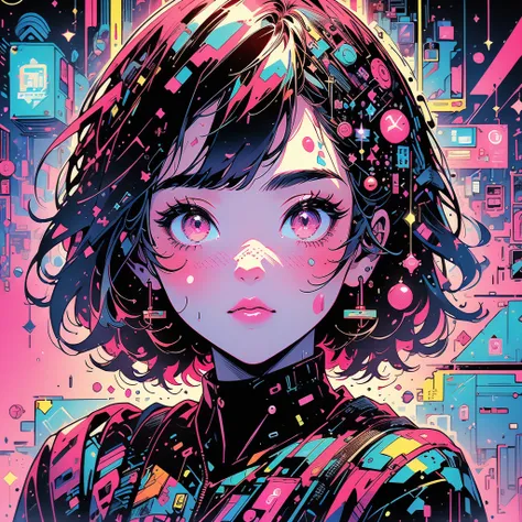 1girl,(((The best composition、Best Quality、最高masterpiece、Ultra high definition、Super detailed、HHD)))、 Main color is red pink, ゴスCyberpunk、 Milky Way Galaxy Background,neon,Cyberpunk, Best Quality, masterpiece, Absurd, simple background red pink