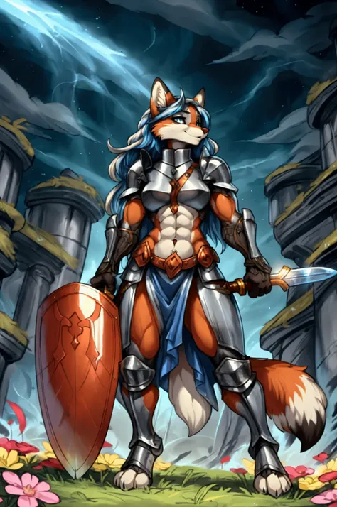 anthropomorphic fox, female, overwhelming presence, knight armor, long flowing flowery hair, heroic pose, wielding a sword and a...