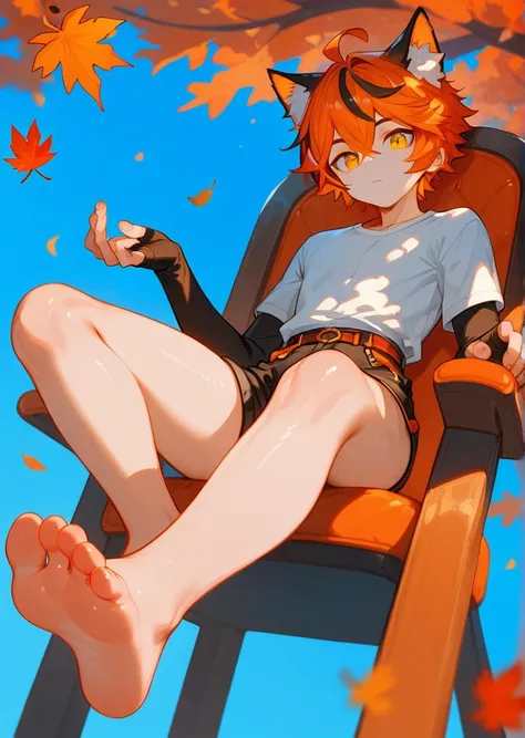 score_9,score_8_up,score_7_up,ncaaoo33,1boy,feet focus,feet,barefoot,toes,foreshortening,solo,cat ears,sitting,golden eyes,spread toes,orange hair,toenails,animal ear fluff,streaked hair,cat boy,detailed background,chair,bare legs,looking at viewer,multico...