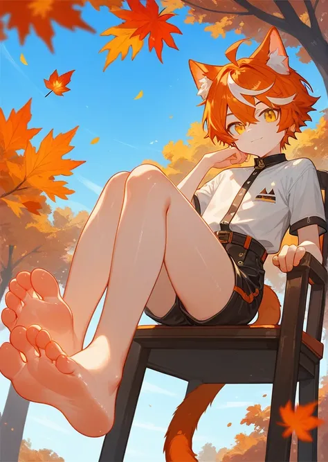 score_9,score_8_up,score_7_up,ncaaoo33,1boy,feet focus,feet,barefoot,toes,foreshortening,solo,cat ears,sitting,golden eyes,spread toes,orange hair,toenails,animal ear fluff,streaked hair,cat boy,detailed background,chair,bare legs,looking at viewer,multico...