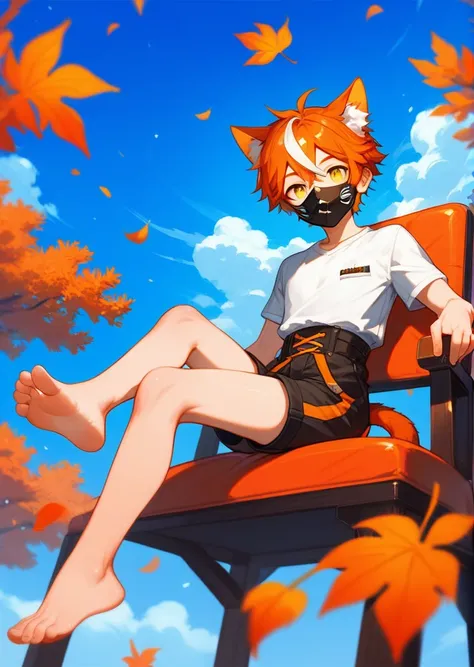 score_9,score_8_up,score_7_up,ncaaoo33,1boy,feet focus,feet,barefoot,toes,foreshortening,solo,cat ears,sitting,golden eyes,spread toes,orange hair,toenails,animal ear fluff,streaked hair,cat boy,detailed background,chair,bare legs,looking at viewer,multico...