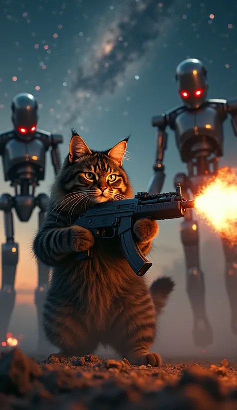 ultra realistic 8k professional photo, 1 tabby dark brown long hair cat holding Uzi shooting at terminators , very detailed terminators,red eyes, looking scary terminators during apocalypse, vivid eye-catching colors making strong contrasts, Milky way gala...