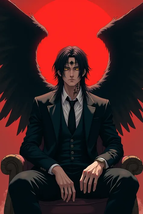 (masterpiece, best quality, ultra-detailed:1.2), post-apocalyptic atmosphere, illustration, dramatic lighting, red sky, cinematic, black wings, a man, a fallen angel, not so long black hair, eyes with yellow pupils with black sclera, wearing a suit, on his...