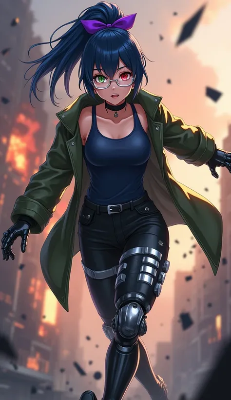 Dark blue high ponytail with purple bow、 different color eyes （Left red、Right olive green） 、wear glasses （silver frame）、whole body義肢、Dark blue Tank-Top、black trousers、Wearing a military green coat、Black leather shoes、escape、Special Shot Blast Scene、anime s...