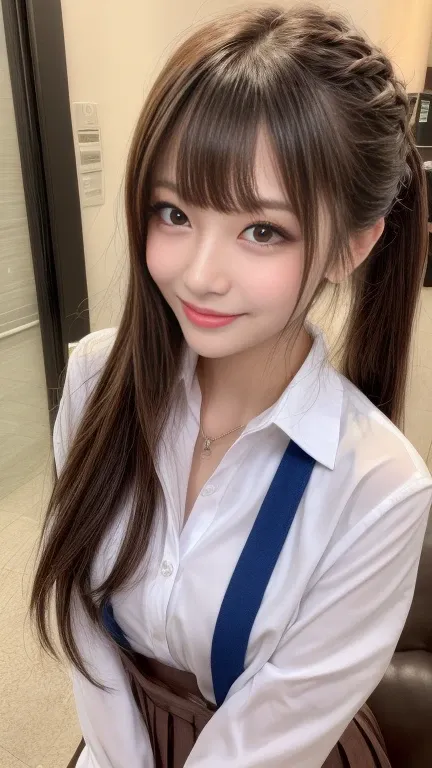 bright表情、Realistic:1.32、Best Quality、Super A high resolution、最も美しい日本のgirlの写真、Cute and beautiful facial details、Small Face、美しいbangs、、Shine, fair, Shine肌、Hair gets tangled in the face、(girl１Only people:1.3)、顔まで伸びるbangs、bangs、 Hair between the eyes 、 charming...