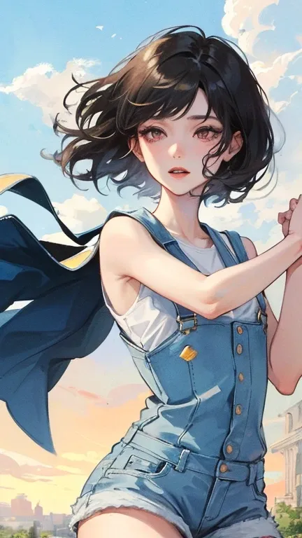 young woman　black hair　short hair　red eyes　irreverent face　look down　Slim body　Thin thighs　small breasts　little ass　toned body　blue sky　cloud　hair blowing in the wind　high quality　high resolution　8K　watercolor　Natural feeling　bridge of the nose　((最high qua...