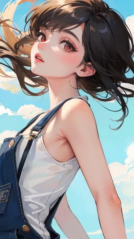 young woman　black hair　short hair　red eyes　irreverent face　look down　Slim body　Thin thighs　small breasts　little ass　toned body　blue sky　cloud　hair blowing in the wind　high quality　high resolution　8K　watercolor　Natural feeling　bridge of the nose　((最high qua...