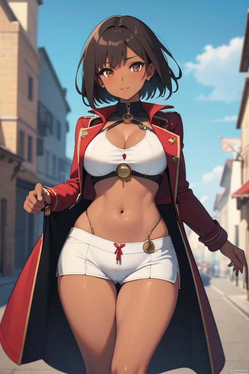 ((best quality)), ((masterpiece)), (detailed), 1girl, short hair brunette, tan, dark skin, red pirate coat open front, wide hips, moderate breasts, holding a pocket watch, 