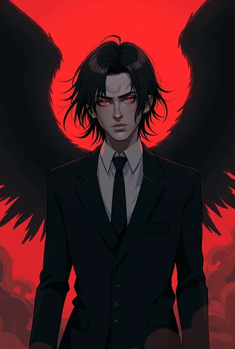 (masterpiece, best quality, ultra-detailed:1.2), post-apocalyptic atmosphere, illustration, dramatic lighting, red sky, cinematic, black wings, a man, a fallen angel, not so long black hair, eyes with yellow pupils with black sclera, wearing a suit, on his...