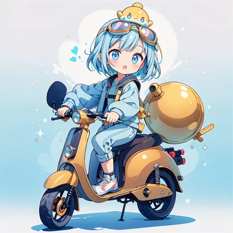 Perfect Anatomy、Best Quality、The best composition、light blue color palette、Golden Ratio、masterpiece、Big goggles on the head、cute,  pastel futuristic scooter、cutely designed rider suit、White background、Poster、The finest details、