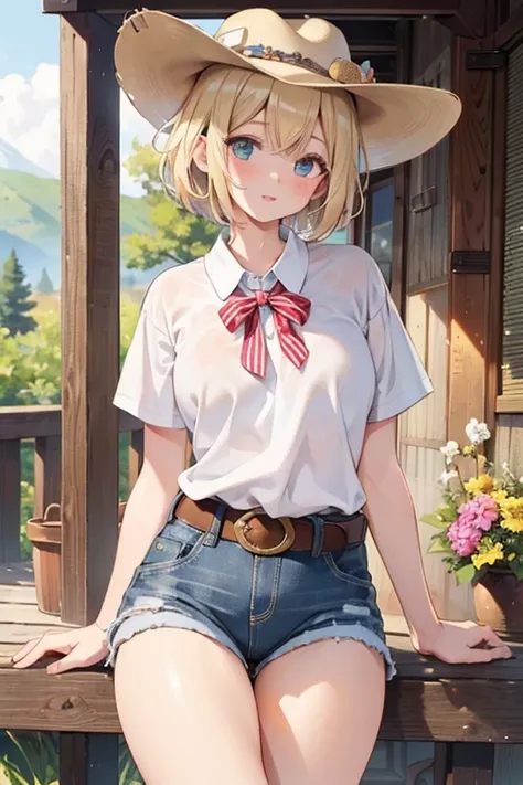 (Best Quality,8k,High resolution,realist,ultra-realist:1.2),blonde girl,short hair,Beautiful and detailed eyes,Beautiful and detailed lips, texan cowboy hat, natural beauty in shorts, cowboy belt, barefoot