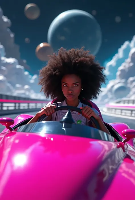 Dark-eyed Afro-brown-eyed woman ,  driving a race car view from the rearview mirror in a race on a futuristic track in outer space.  hot pink car background of the multi-world scenario 



