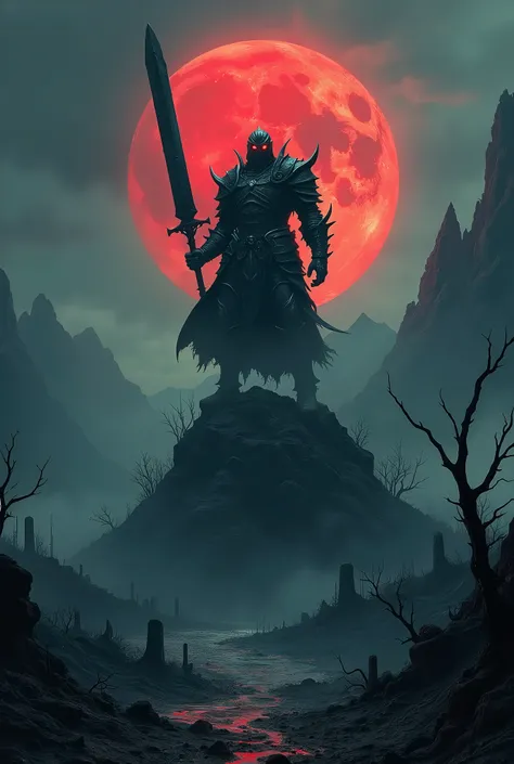 A dark, haunting landscape with a towering, menacing figure holding a massive sword, standing atop a hill of twisted, gnarled trees under a blood-red moon. The sky is stormy with dark clouds, and distant mountains rise sharply in the background. The scene ...