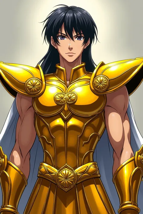 Saint seiya character wearing golden pisces Armour. Straight black hair. Beautiful face. Man, full body image.