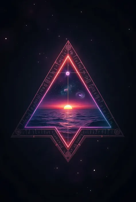 Create a visually striking image that features a large, glowing triangular frame in the center, with cosmic and psychedelic elements. Inside the triangle, depict a vibrant cosmic scene with a planet, stars, and nebulae rising over an ethereal ocean at suns...