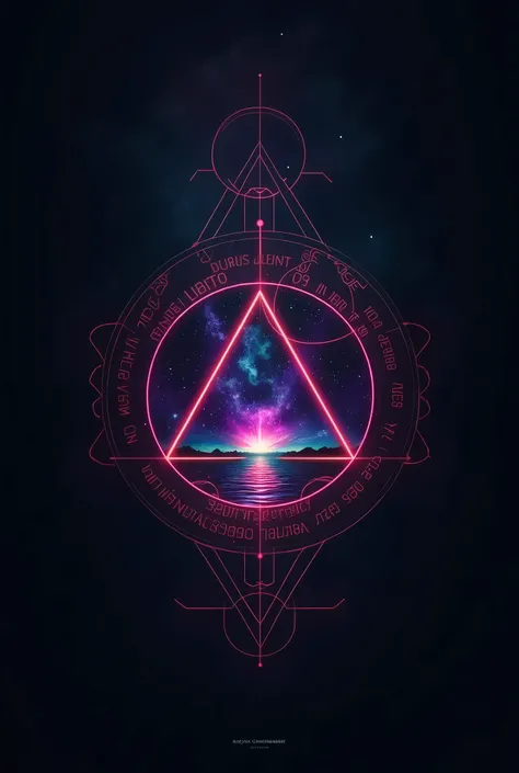 Create a visually striking image that features a large, glowing triangular frame in the center, with cosmic and psychedelic elements. Inside the triangle, depict a vibrant cosmic scene with a planet, stars, and nebulae rising over an ethereal ocean at suns...