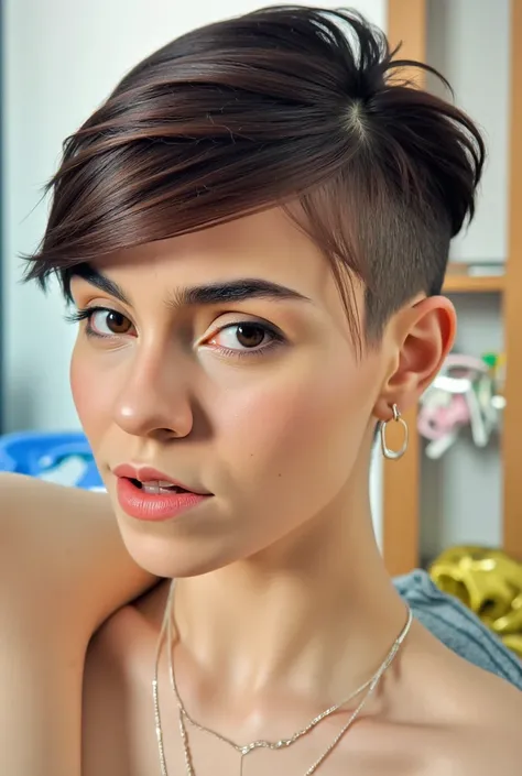 realistic image of a woman with a pixie undercut haircut looking at the viewer