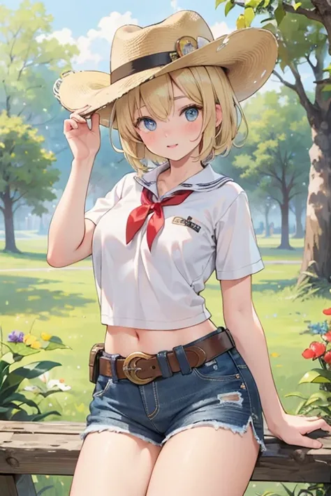 (Best Quality,8k,High resolution,realist,ultra-realist:1.2),blonde girl,short hair,Beautiful and detailed eyes,Beautiful and detailed lips, texan cowboy hat, natural beauty in shorts, cowboy belt, barefoot