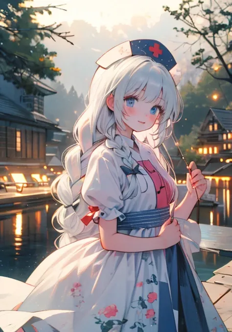 yagokoro_eirin_(touhou), long_hair, white_hair, twin_braids, blue_eyes, collared_dress_with_constellation_print, petticoat, frilled_dress_with_puffy_short_sleeves, white_sash, nurse_cap, blue_hat, red_cross, bow_(weapon), cute_face, good_anatomy, beautiful...