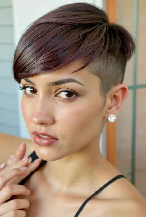 realistic image of a woman with a pixie undercut haircut looking at the viewer
