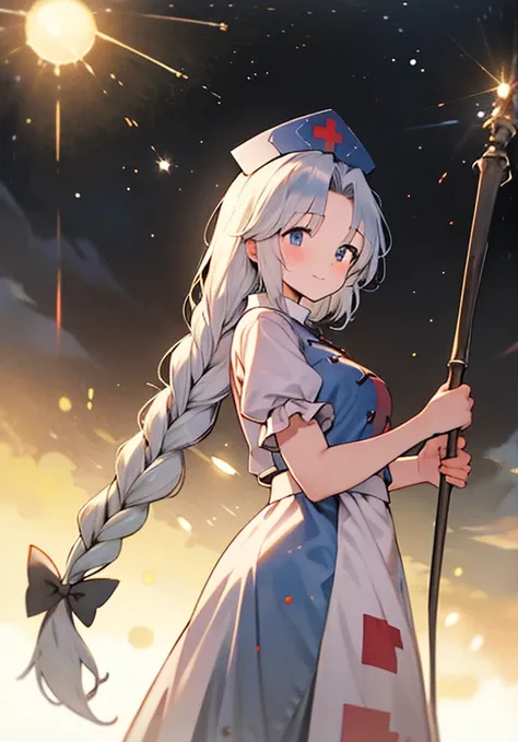 yagokoro_eirin_(touhou), long_hair, white_hair, twin_braids, blue_eyes, collared_dress_with_constellation_print, petticoat, frilled_dress_with_puffy_short_sleeves, white_sash, nurse_cap, blue_hat, red_cross, bow_(weapon), cute_face, good_anatomy, beautiful...