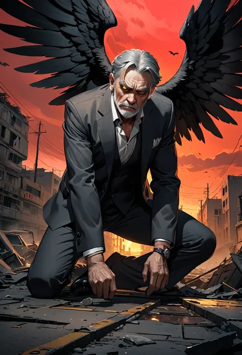 (masterpiece, best quality, ultra-detailed:1.2), post-apocalyptic atmosphere, illustration, dramatic lighting, red sky, cinematic, old man, 45 years old, angry face, black wings, a man, a fallen angel, not so long black hair, eyes with yellow pupils with b...