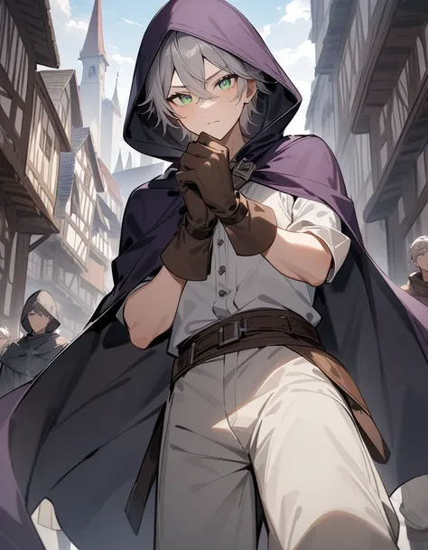 
(masterpiece:1.2),High resolution, Attention to detail, high quality, High resolution, high quality,
 4K, 8k、Beautiful work, a scene in a medieval city with a  1 boy. 22 year old man with
dark purple hood and cape. wild grey hair, light green eyes, Wearin...