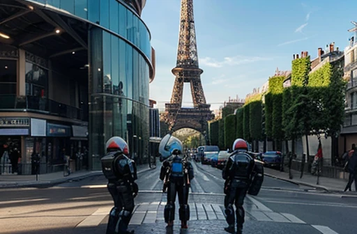  Une pyramide et la Tour Eiffel sarrêtaient en arrière-plan sur un échiquier et au centre un OVNI avec un extraterrestre devant et un robot, le tout dans un environnement technologique et horloger et des lignes de code sur plusieurs plans dimensionnels . E...