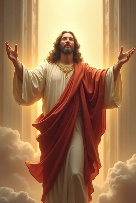 Jesus with his arms outstretched and happy with his robe 