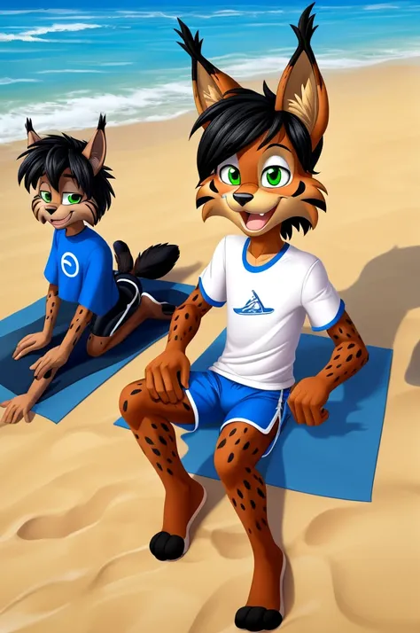 Lynx cartoon guy slim in blue lycra shorts and a t-shirt on the beach with a happy face green eyes black hair black fingers big black feet striped tail fluffy full length