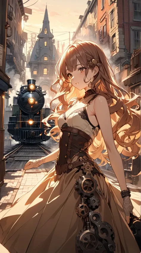 One Girl、 Curious Look 、Shining Eyes、Long Curly Hair、 Steampunk Inspired Dress、Graceful posture、 Pottery Skin 、Small breasts、 Gear Accessories 、  
break、  
Twilight Light、(Metallic shine:1.2)、Warm colors、Soft Shadows、Dreamy atmosphere、 Victorian Style 、Fan...