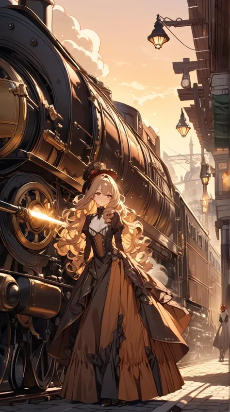 One Girl、 Curious Look 、Shining Eyes、Long Curly Hair、 Steampunk Inspired Dress、Graceful posture、 Pottery Skin 、Small breasts、 Gear Accessories 、  
break、  
Twilight Light、(Metallic shine:1.2)、Warm colors、Soft Shadows、Dreamy atmosphere、 Victorian Style 、Fan...