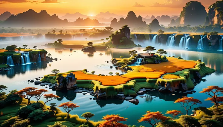 A Masterpiece In 32K Resolution, Supreme Quality, Super Detail, Official Art, Very High-Resolution 32K Wallpaper, Beautiful And Aesthetic, Ultra-Detailed Features, Awe-Inspiring Detail. Floating Islands Hover Above Vast, Golden Savannas, Where Herds Of Wil...