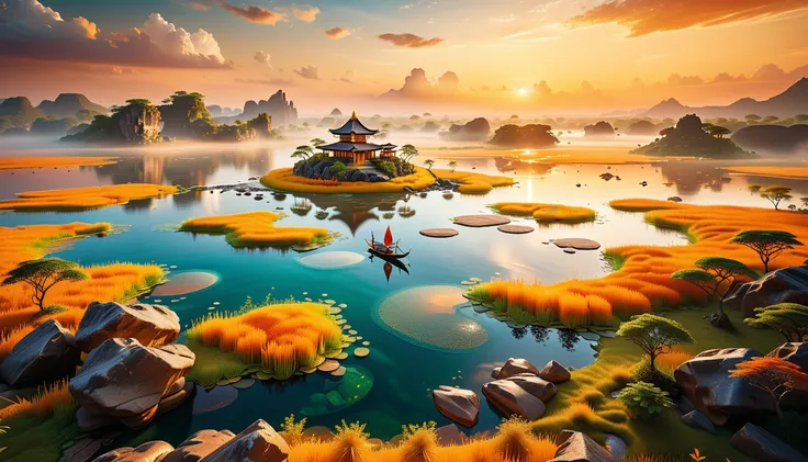 A Masterpiece In 32K Resolution, Supreme Quality, Super Detail, Official Art, Very High-Resolution 32K Wallpaper, Beautiful And Aesthetic, Ultra-Detailed Features, Awe-Inspiring Detail. Floating Islands Hover Above Vast, Golden Savannas, Where Herds Of Wil...