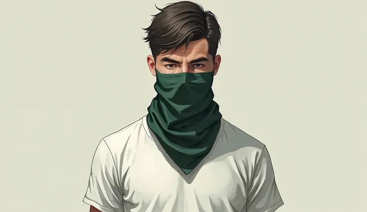 trong white male character with short hair, wearing a dark green bandana mask over his face, dressed in a basic white t-shirt, looking directly at the viewer, waist-up view, no background, 